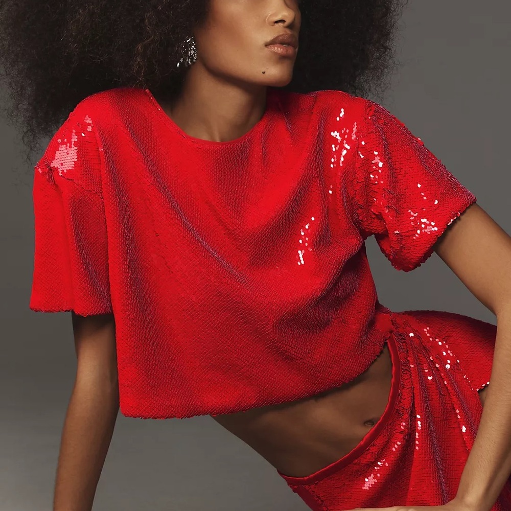 LE SUPERBE Lipstick Sequin Tee in Red NWT
